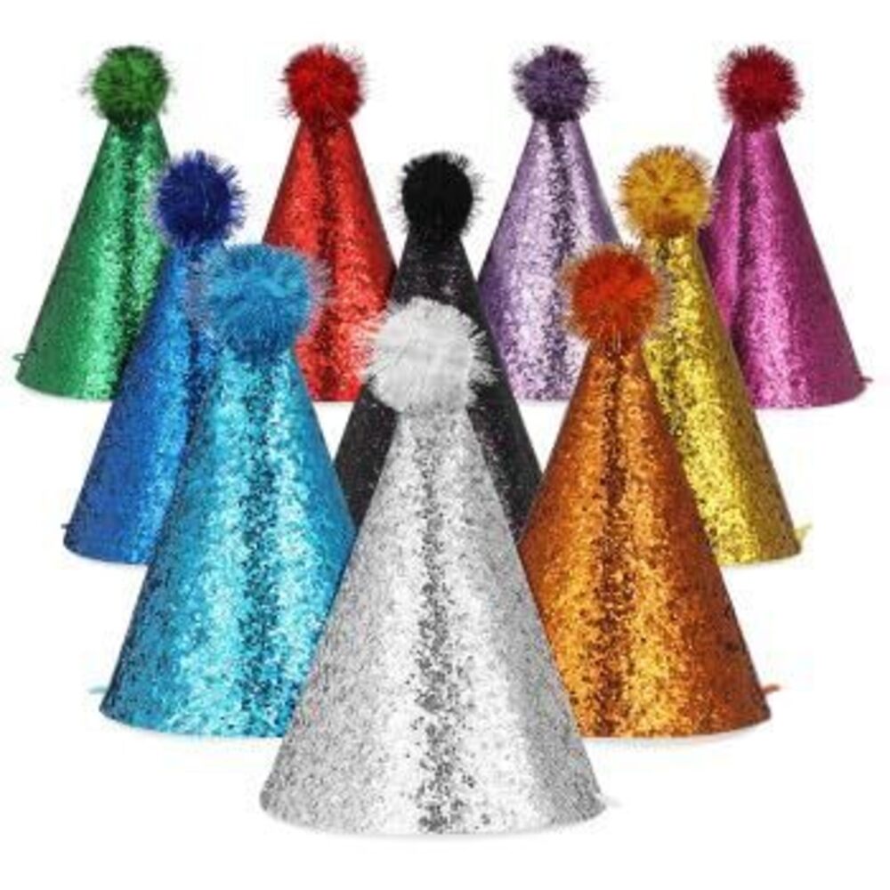 2726 Cone Hats Birthday Kids: 10Pcs 6.92X5.50X4.72in Rainbow Glitter Gold